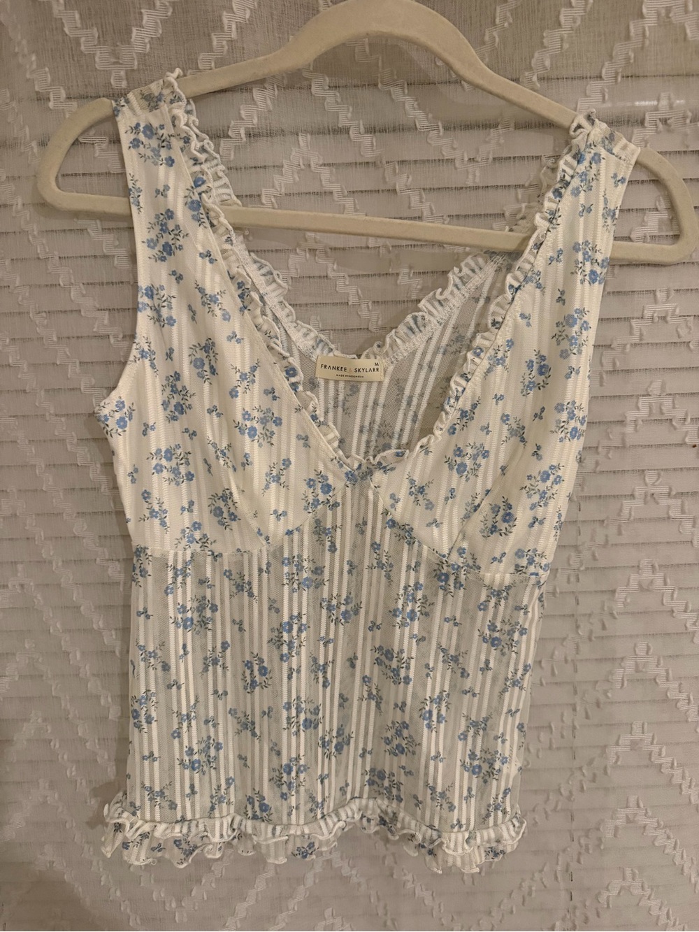 Floral Ruffled V-Neck Tank Top - Blue on Cream